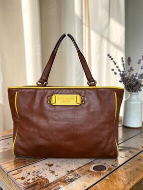 Kate Spade Soft Leather Shoulder Bag Cognac Brown yellow Trim GUC